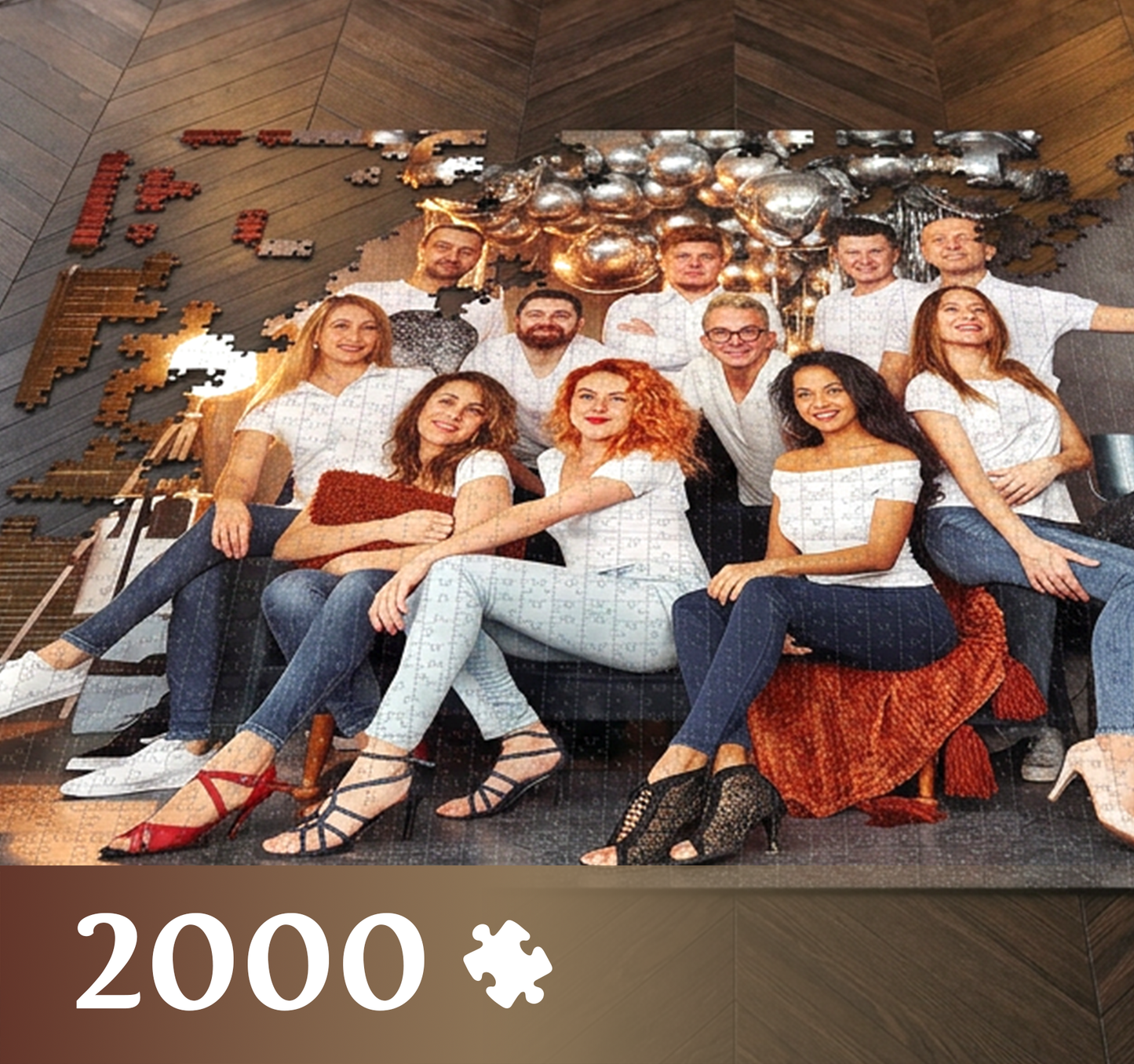 Duże, leżące na podłodze oto puzzle, składające się z 2000 tysięcy elementów, przedstawiające integrację firmową.