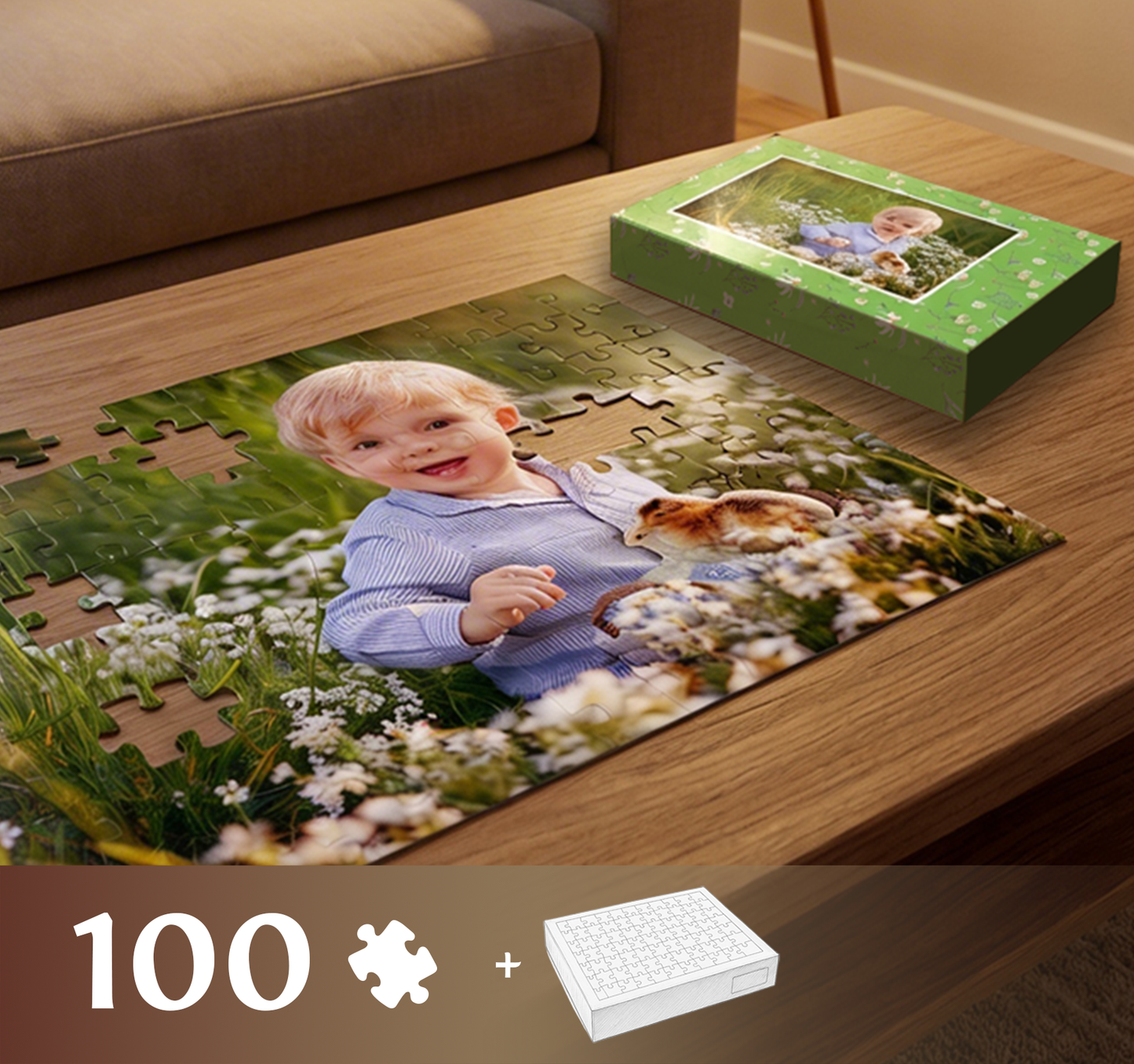 Foto puzzle personalizowane ze zdjęciem dziecka, 100 elementów z pudełkiem o zielonym wiosennym wieczku.