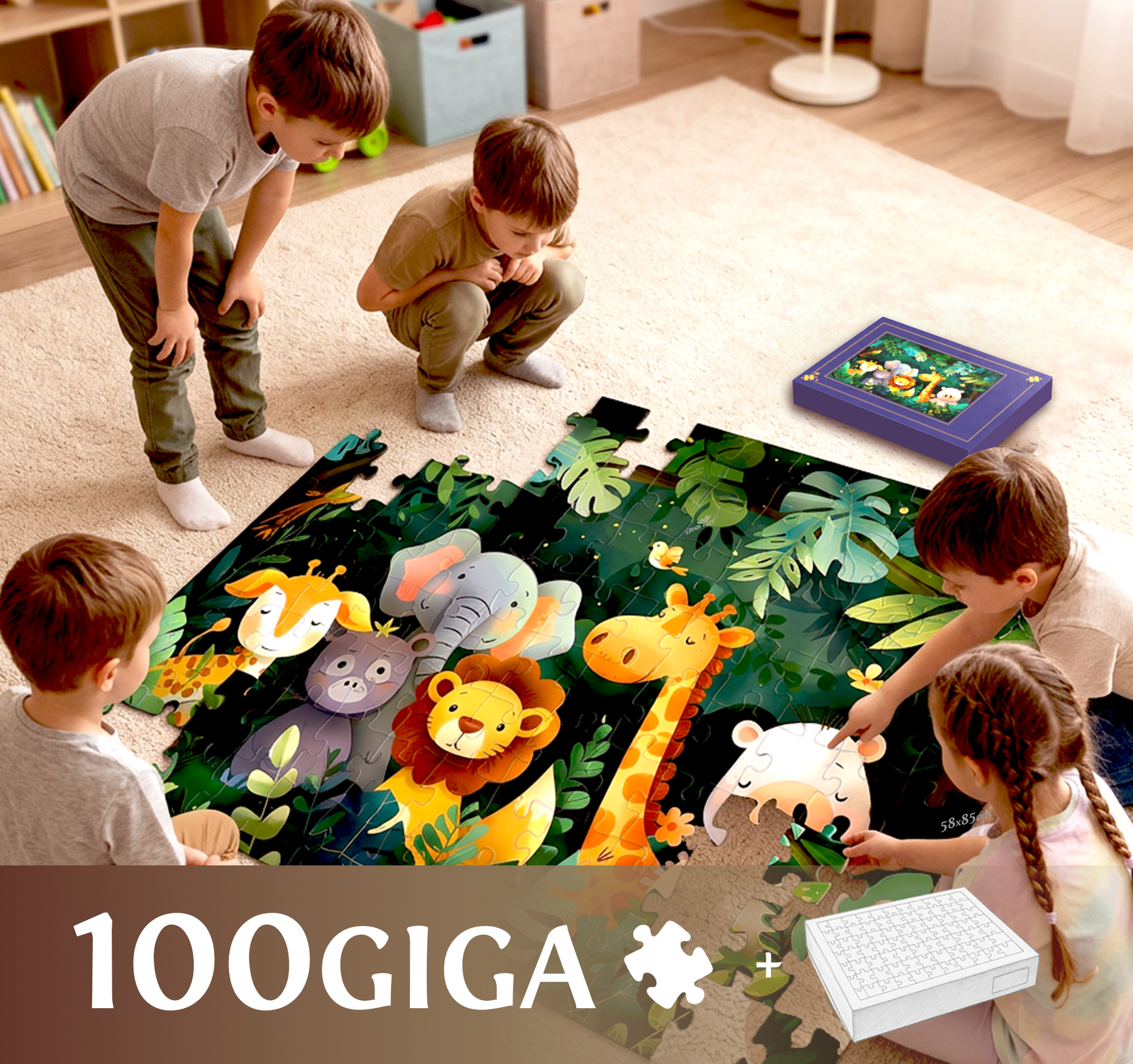 Foto puzzle układane z dużych elementów przez dzieci, w wersji z ozdobnym pudełkiem.