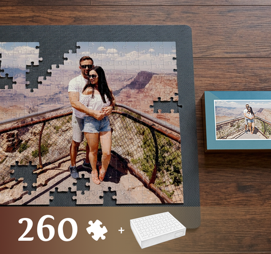 Pamiątka foto puzzle personalizowane z ozdobnym pudełkiem w wybranym wzorze, 260 elementów.