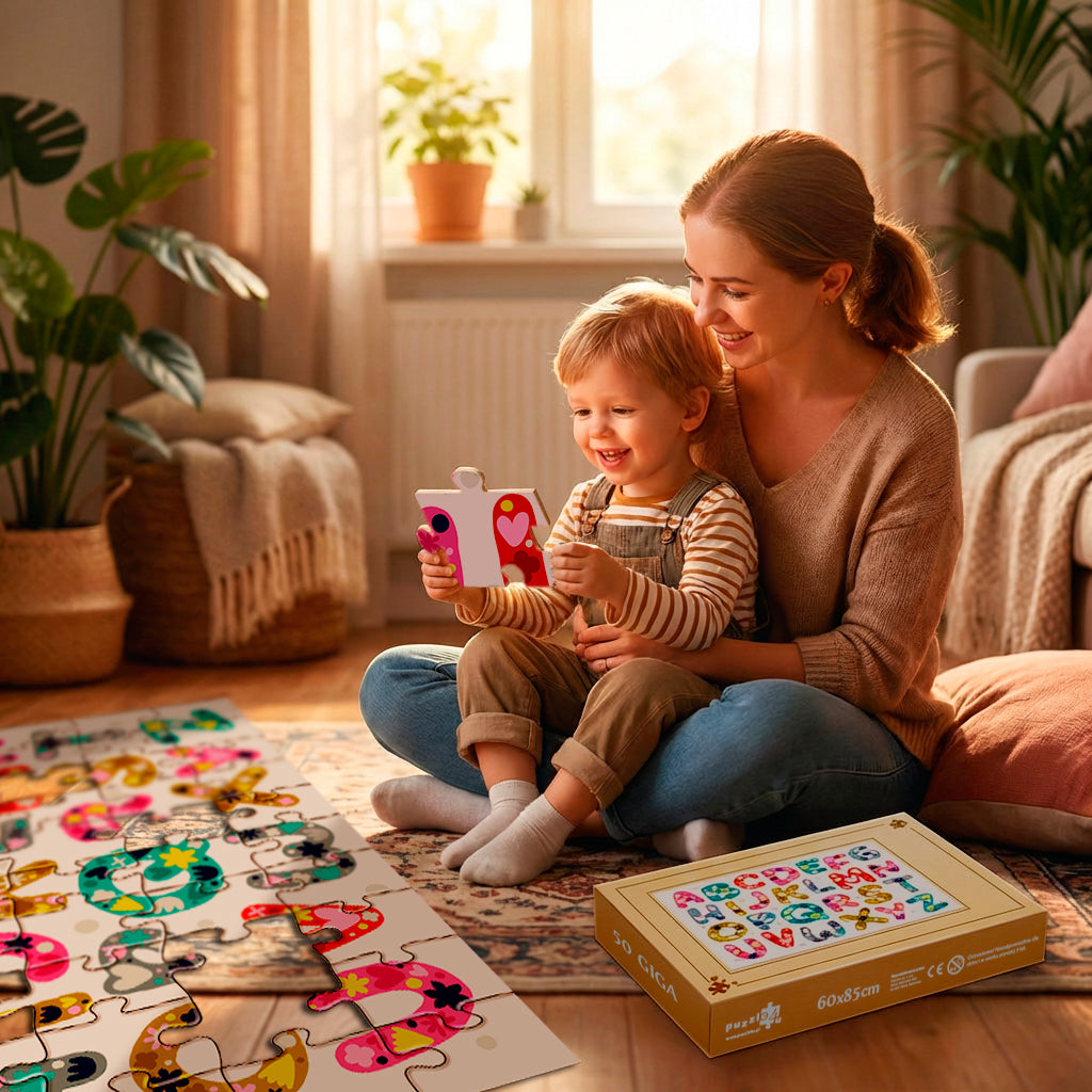 Rodzinna zabawa w układanie foto puzzli własnego projektu 100 giga z dużych XL elementów.