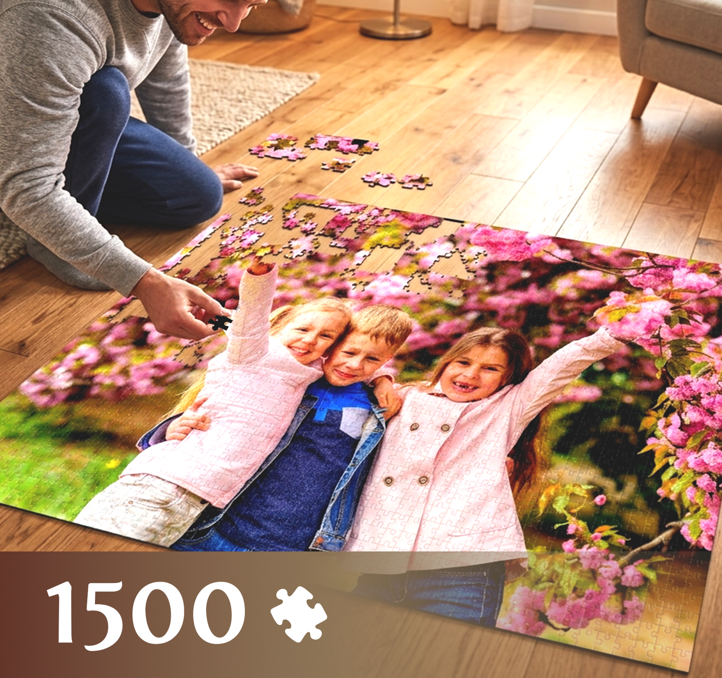 Personalizowane foto puzzle 1500 elementów ze zdjęcia, układane na podłodze pokoju.