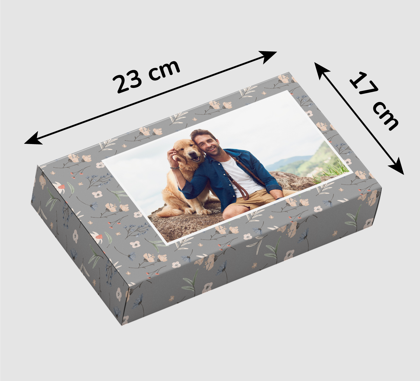 Pudełko z wybranym szarym wieczkiem dla personalizowanych foto puzzli 500 elementów i jego wymiary.
