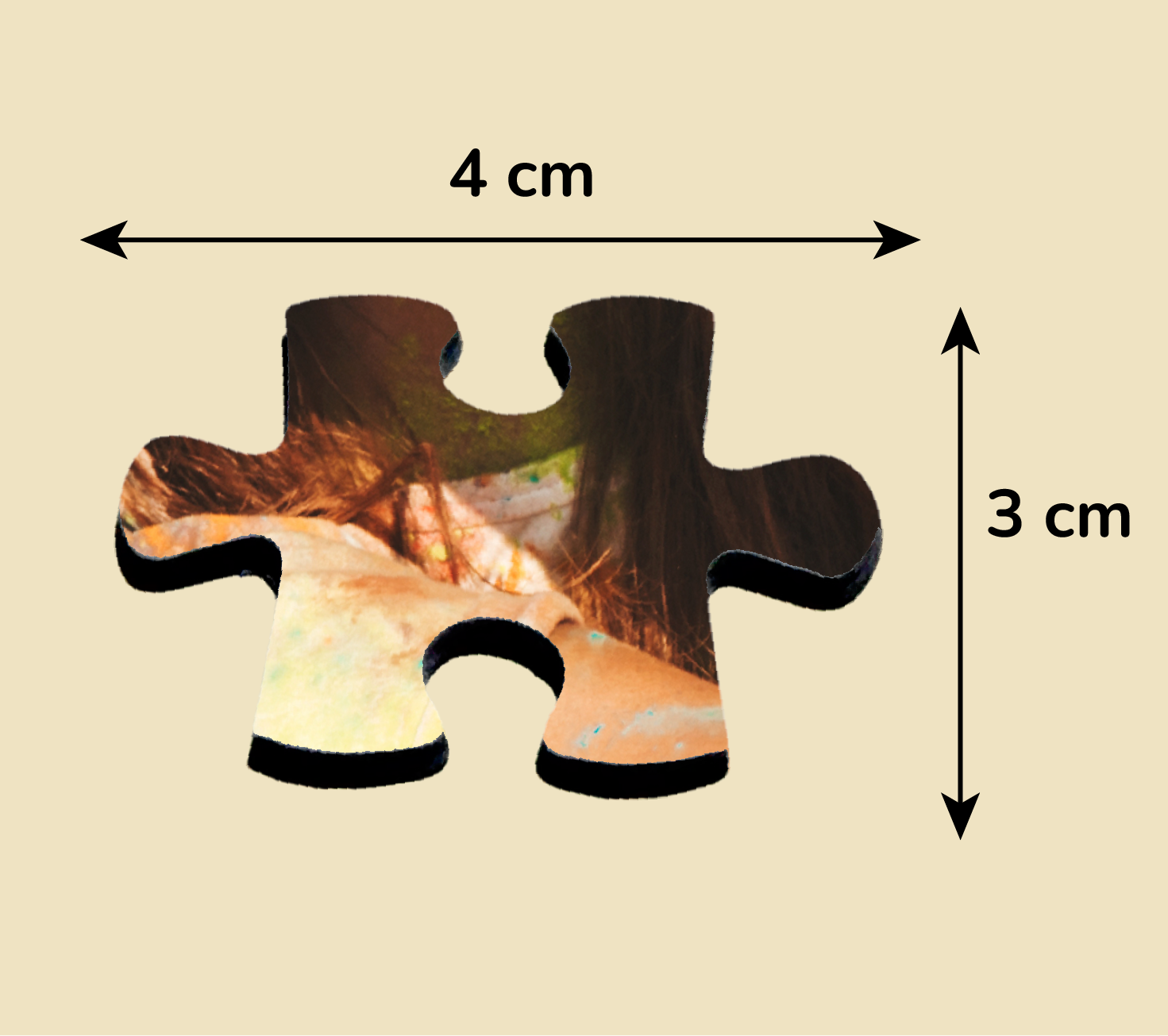 Zbliżenie na pojedynczy element foto puzzli ze zdjęcia z wymiarami.