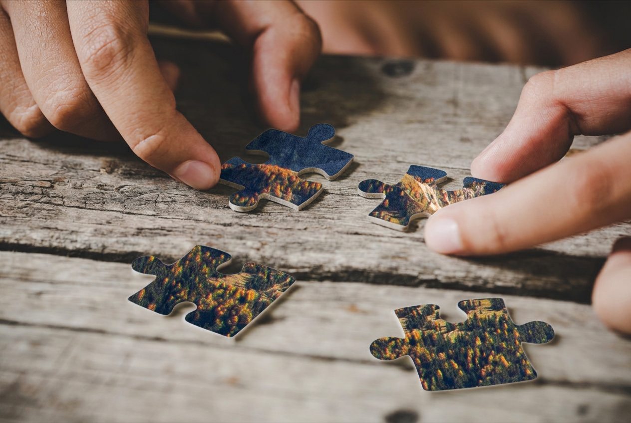 Zbliżenie na pojedyncze elementy personalizowanych foto puzzli 1000 el w wersji z pudełkiem.